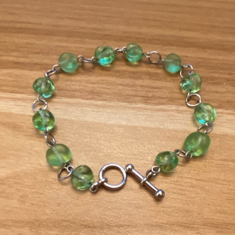 Fun frosted and clear green and silver toggle clasp bracelet